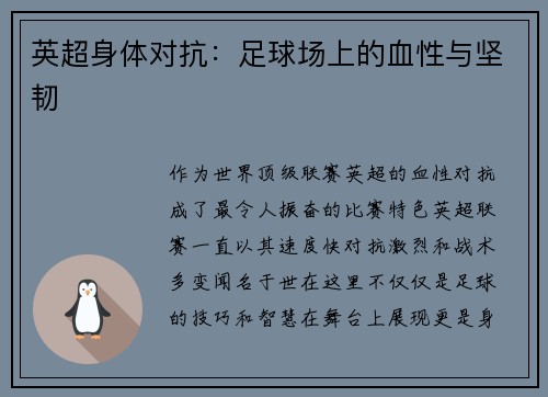 英超身体对抗：足球场上的血性与坚韧