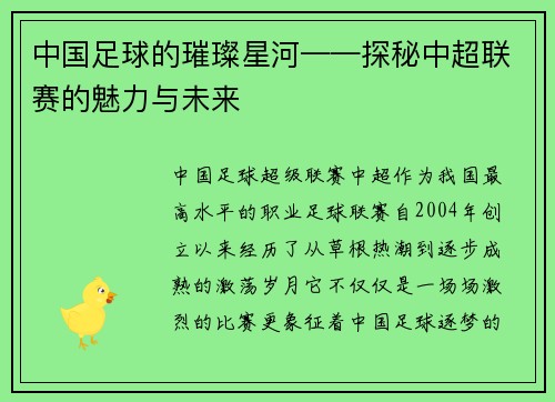 中国足球的璀璨星河——探秘中超联赛的魅力与未来