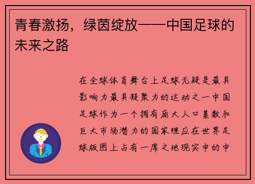 青春激扬，绿茵绽放——中国足球的未来之路