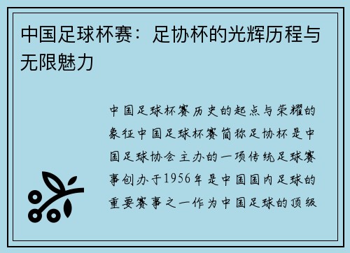 中国足球杯赛：足协杯的光辉历程与无限魅力