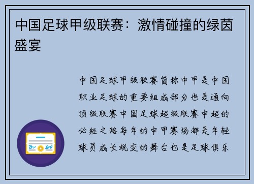 中国足球甲级联赛：激情碰撞的绿茵盛宴